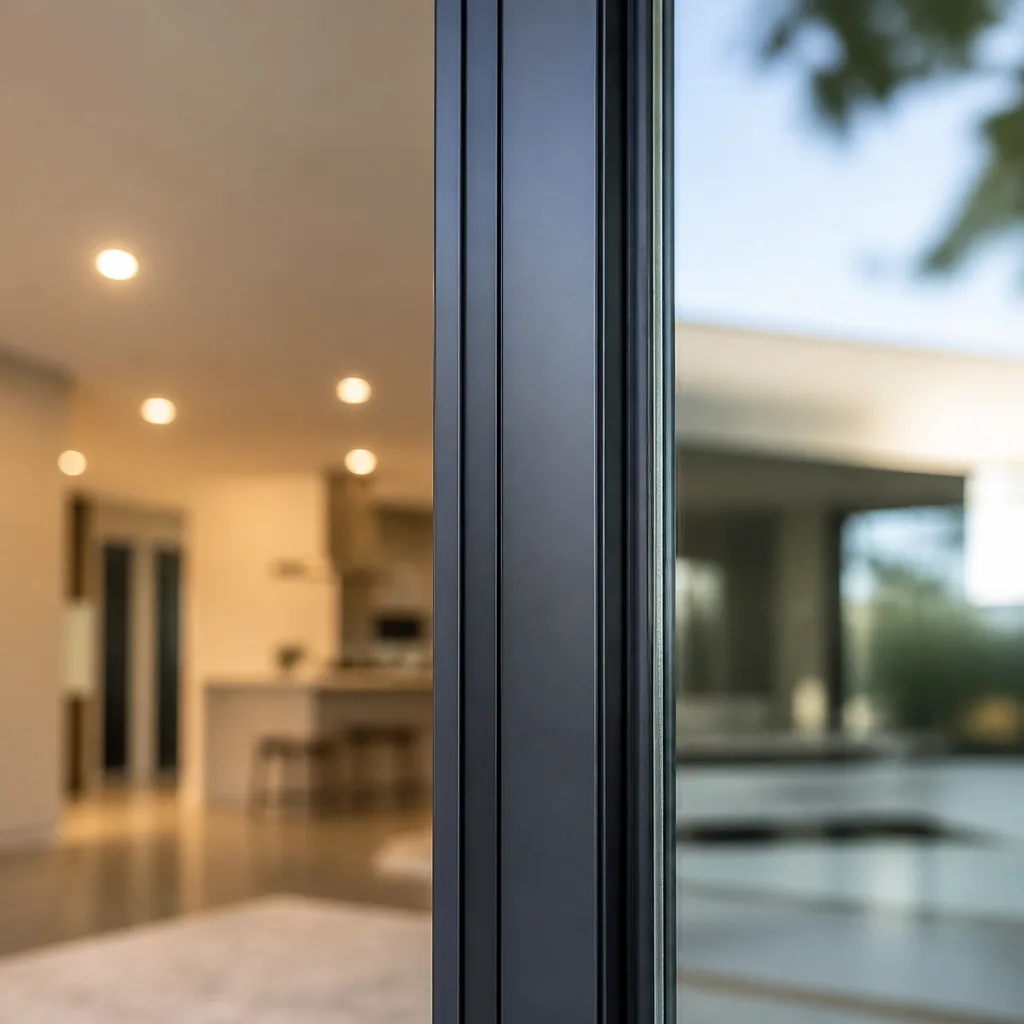 Modern dark-framed sliding door with blurred luxury home interior