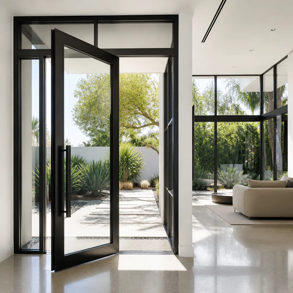 Modern black-framed glass front door installation in a contemporary home.