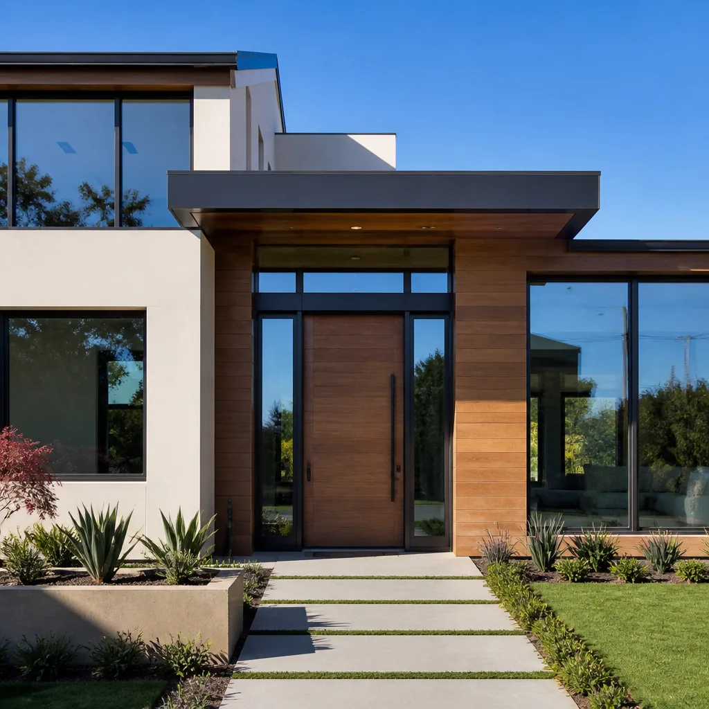Modern wooden front door replacement with glass sidelights on luxury home