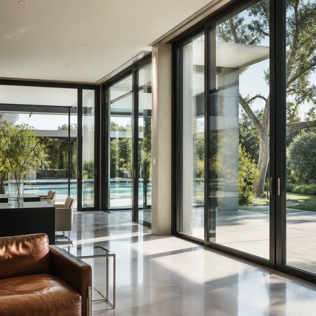 Modern sliding glass doors installed in a luxury sunlit contemporary home interior