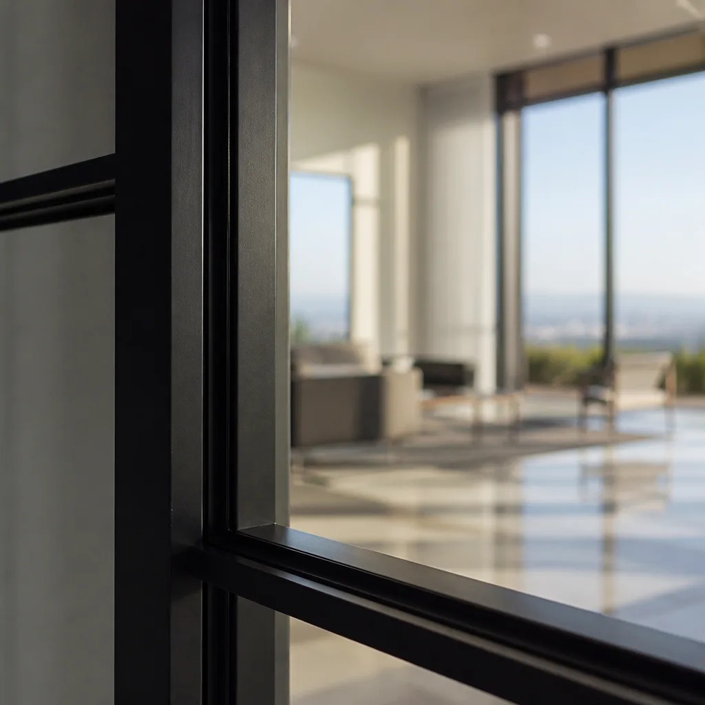 Modern black window frame detail with blurred luxury home interior background
